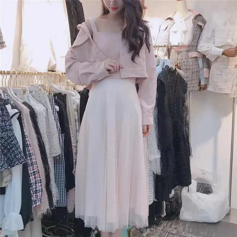 Women 2 Piece Set Spring Autumn Full Sweet Single Breasted Turn-down Collar Slip Dress Korean Ladylike Simple Dress