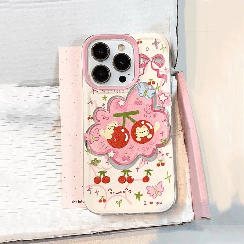 Trendy Pink Cherry Cat Y2K Cartoon Silicone Phone Case
