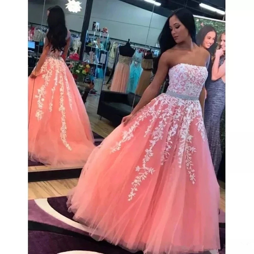 

IRIDESCENT Long Pink A-Line Elegant Strapless Women Evening Dresses Gowns With White Appliques Robe De Soirée Formal Occasion