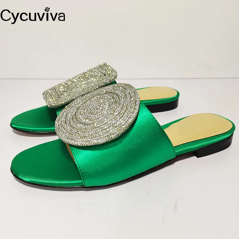 

Summer Satin Flat Slippers Women Square Circle Crystal Slides Fashion Holiday Beach Shoes For Women 2023 New Gladiator Sandals