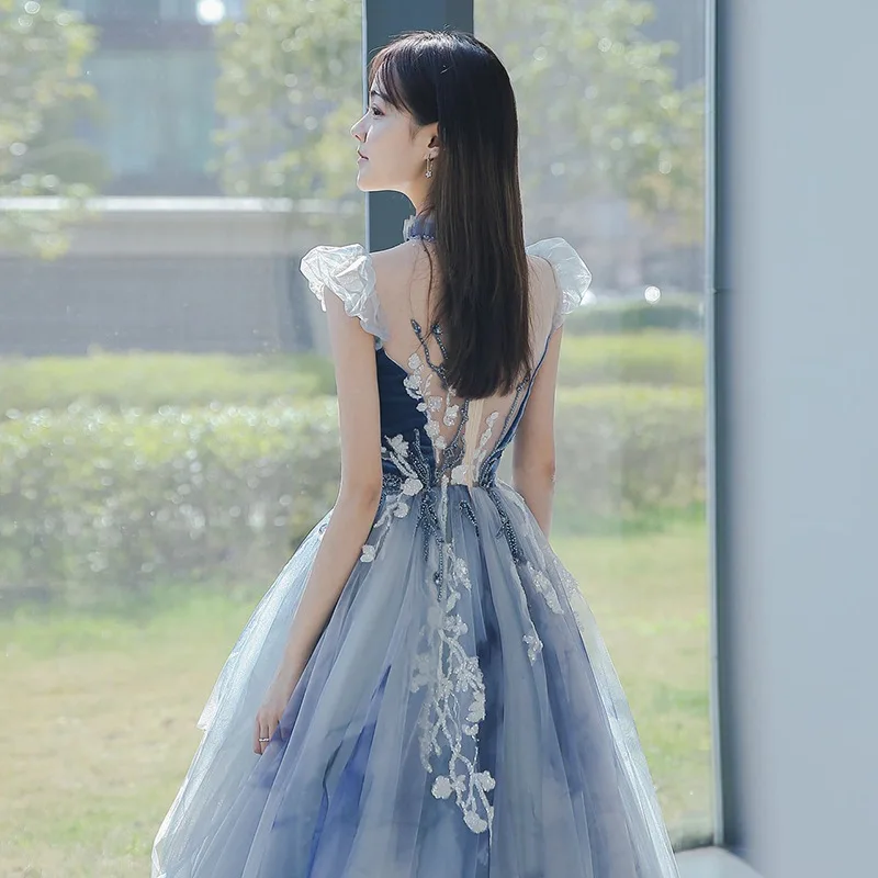 New Blue Evening Dress Elegant Flying Sleeves Floral Lace Prom Gown Noble Appliques Beading Long Sukienka Wieczorowa Customized