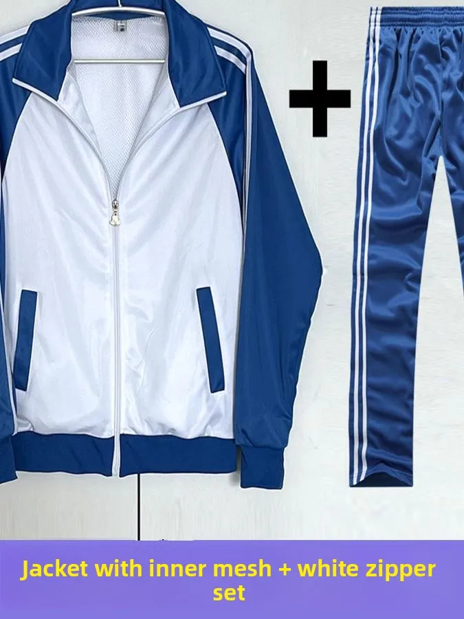 Blue White School Uniform Set with Zipper And  Performance Outfit for College Students Class Uniform DIY Polyester Casu... - 2