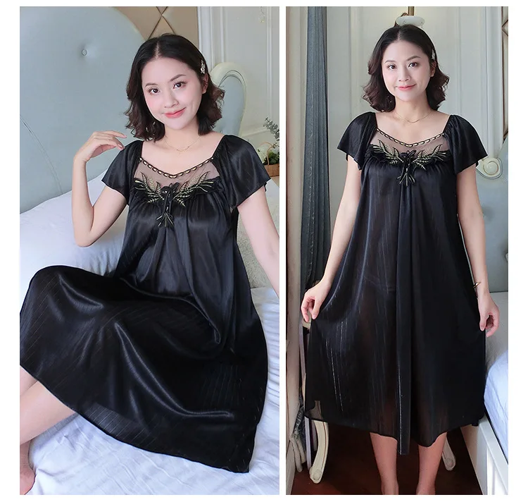 Ladies Nightdress Sexy Ice Lace Large Size Solid Color Flower Pajamas Thin Short-sleeved Lace Skirt Night Dress Women Dress