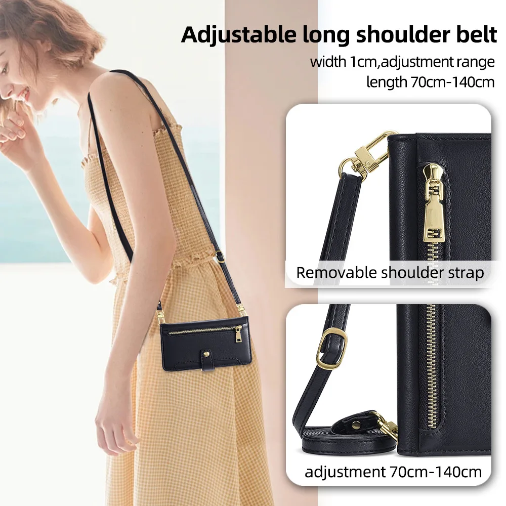 Elegant Magnetic Flip Wallet Case - Durable Leather Cover with Long Lanyard