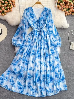 Autumn Women Blue Floral Printed Long Dress Bohemian Vacation Beach Maxi Robe Female Elegant V-Neck Puff Sleeve A-Line Vestidos 1