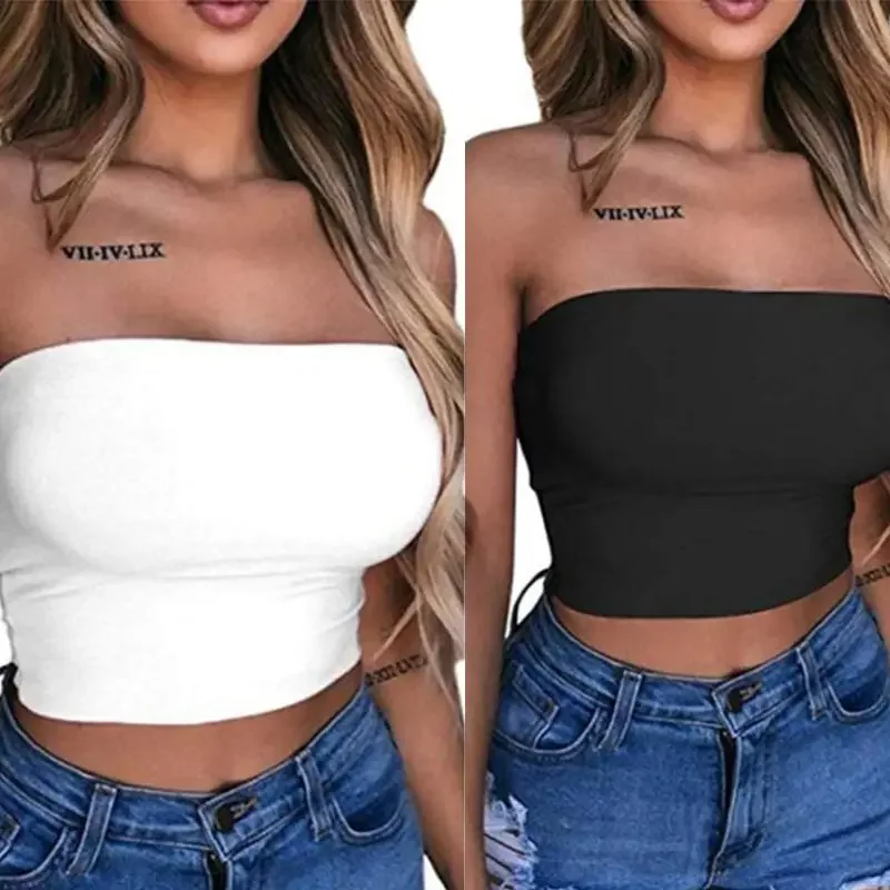 Women tube tops womens sexy strapless off shoulder crop tube top solid color stretchy bandeau