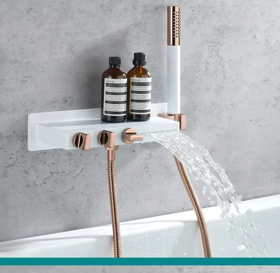Description Picture 3 of itemBathtub Faucet Set Bathroom Wall Mounted White Rose Gold Solid Brass Big Plate Bathtub Waterfall Shower Set Newly