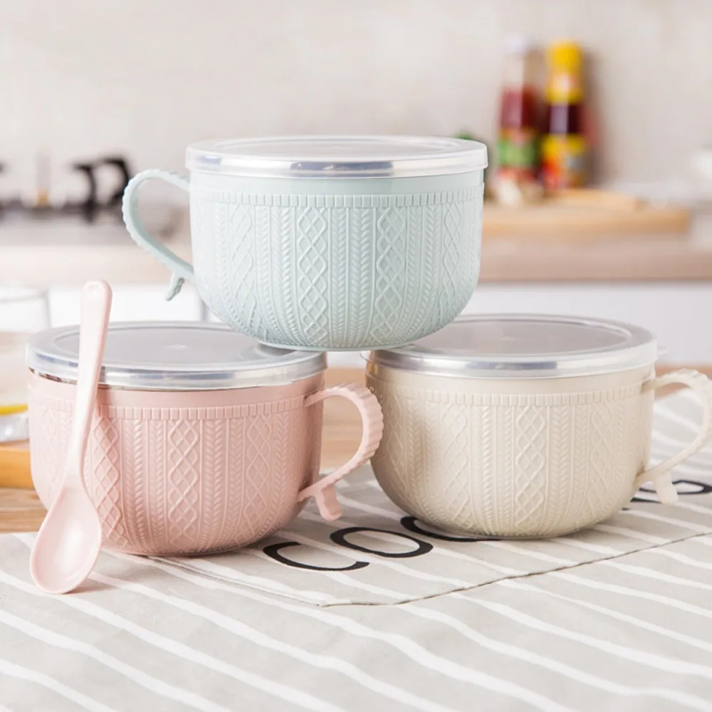 

Spoon Stainless Steel Korean Noodle Bowl Lunch Box With Lid Double-layer Ramen Bowl Woven Pattern Insulation Soup Bowls Cereal