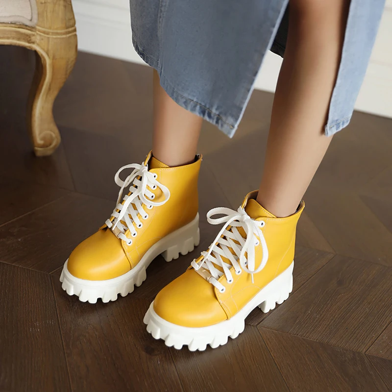 

Polyurethane Sponge Cake Heel Heightened Martin Shoes Cross-Lacing Candy-Colored Platform Rear Zipper Student Ankle Boots