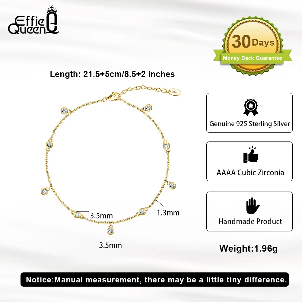 Effie Queen 925 Sterling Silver Row Cubic Zirconia Beaded Ball Chain Anklet for Women Fashion Foot Ankle Straps Jewelry SA70 anklet bracelets,silver anklets,ankle chain