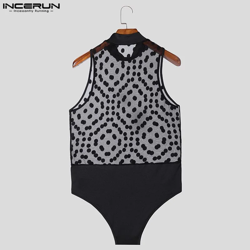 Men bodysuits Men jumpsuits Men lingerie INCERUN Fashion Men Homewear Polka Dot Mesh See Through Bodysuit Sexy Semi High Neck Sleeveless Triangle Thin Jumpsuit S-3XL