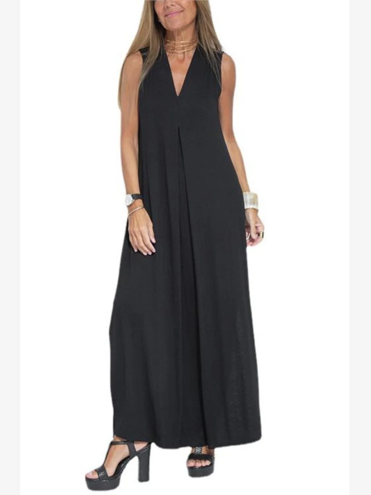 Pure Color V-ne Pullover Dr Mid-waist Long Skirt No-sve Basic Sle Spring Summer Autumn Wear Polyester Fiber