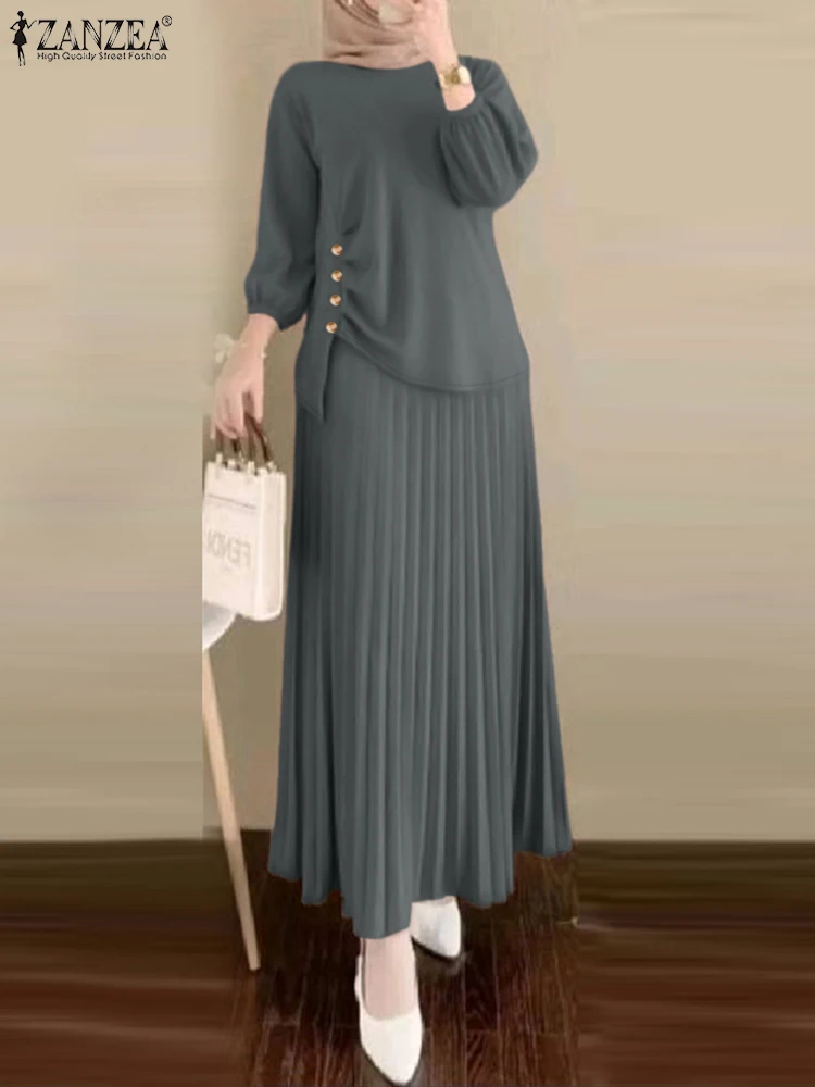 أزياء مسلم مجموعات النساء 2 قطعة وتتسابق ZANZEA أنيقة طويلة الأكمام بلوزة اللباس الدعاوى عارضة الصلبة رياضية فضفاضة مطابقة مجموعات
