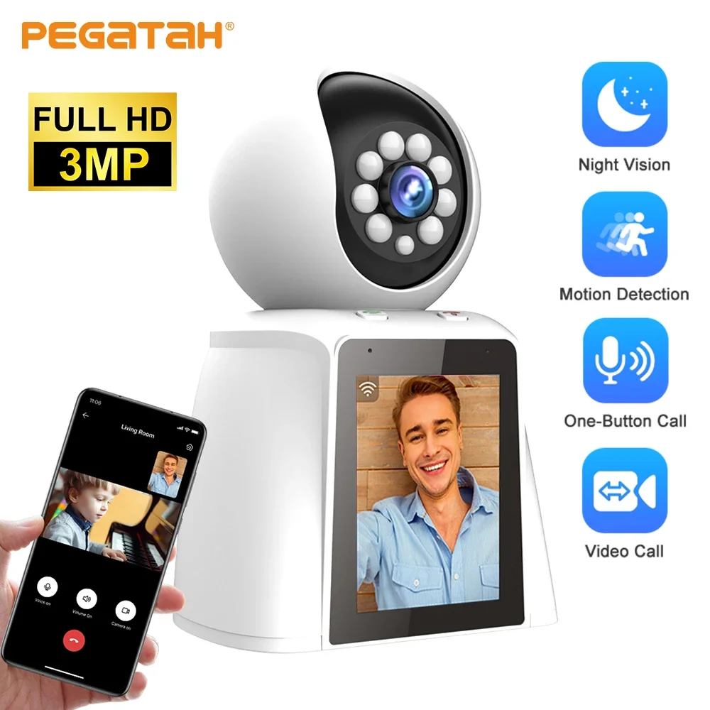 PEGATAH 3MP Video Calling Smart Wifi Camera with 2.8 Inch IPS Screen Indoor Baby Monitor Auto Tracking Wireless PTZ Cameras tuya wifi ip camera indoor 1080p hd night vision ai detection surveillance cameras for pet baby monitor with alexa