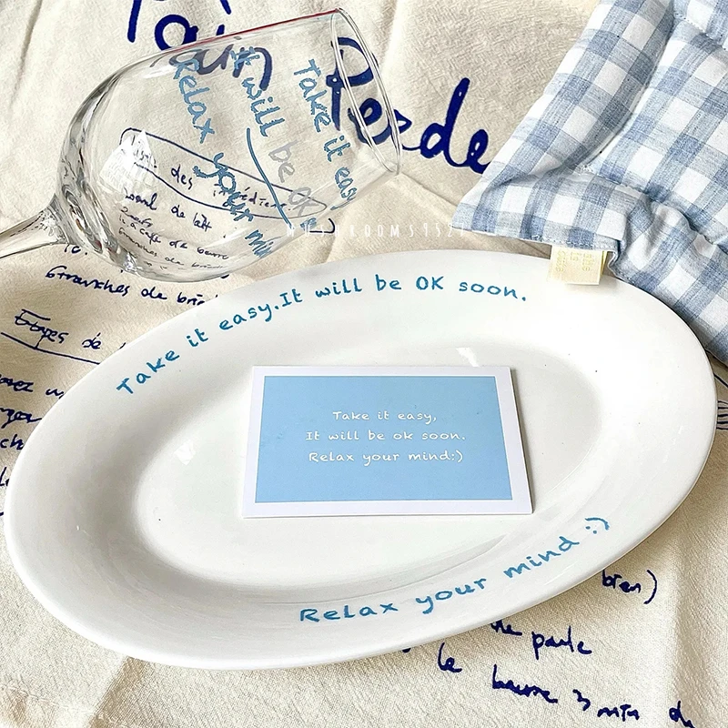 

Korean Cream Blue Oval Ceramic Dessert Plate Original Breakfast Household High Value Champagne Juice Goblet