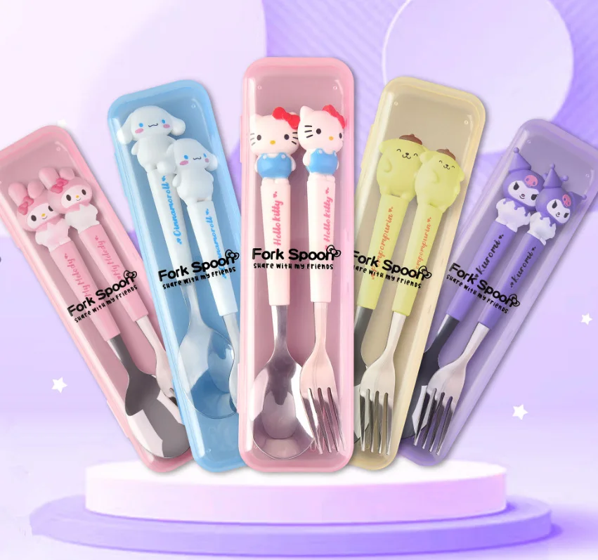 

2 Piece Set Sanrio Hello Kitty Kuromi Stainless Steel Spoon Forks Cinnamoroll Melody Portable Utensils Traveling Tableware Set