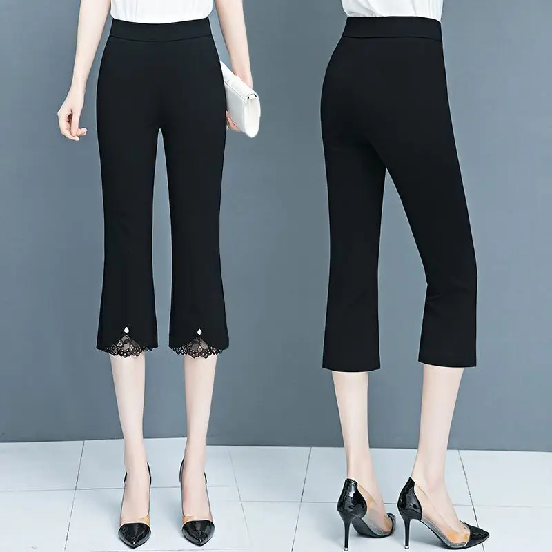 Summer Women's 2024 New Spliced Elasticized High-waisted Pocket Lace Hollow Out Vent Fashion Solid Color Slim 7/4 Flare Pants