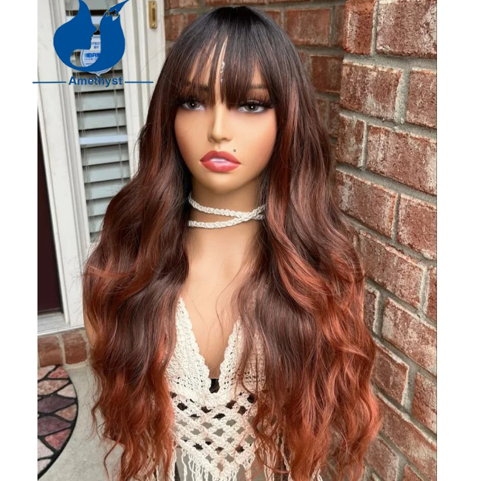 

Amethyst Wave Reddish Brown Ombre Scalp Top Full Machine Wig Human Hair For Women with Bangs Brazilian Remy Human Hair Glueless