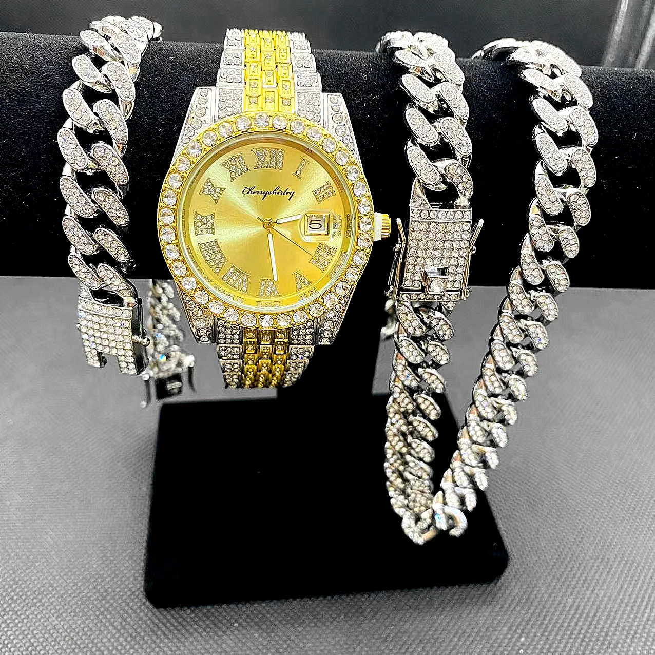Full Iced Out Watches Men Gold Cuban Link Chains Bracelet Necklace