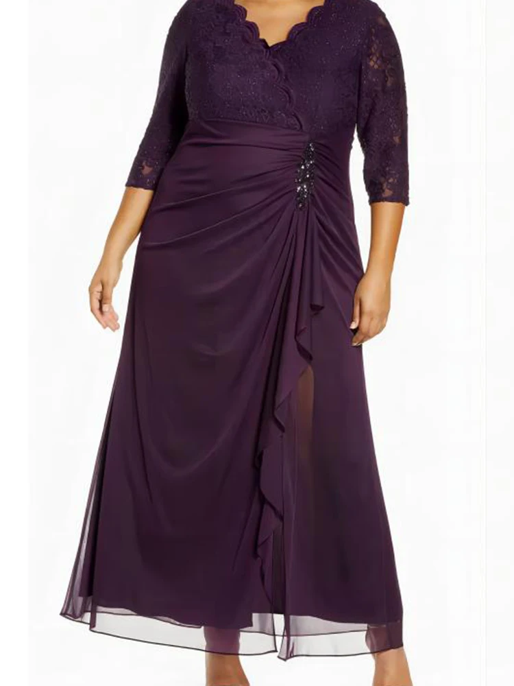 Vestido maxi de encaje y chiffon con cuello ilusión envolvente Cabernet Tallas Grandes