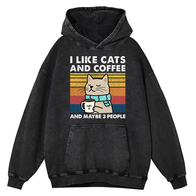 Sudadera con capucha de algodón estilo hip hop para hombre, ropa divertida de calle, estilo vintage, desgastada, con estampado "Me gustan los gatos y el café", informal, holgada