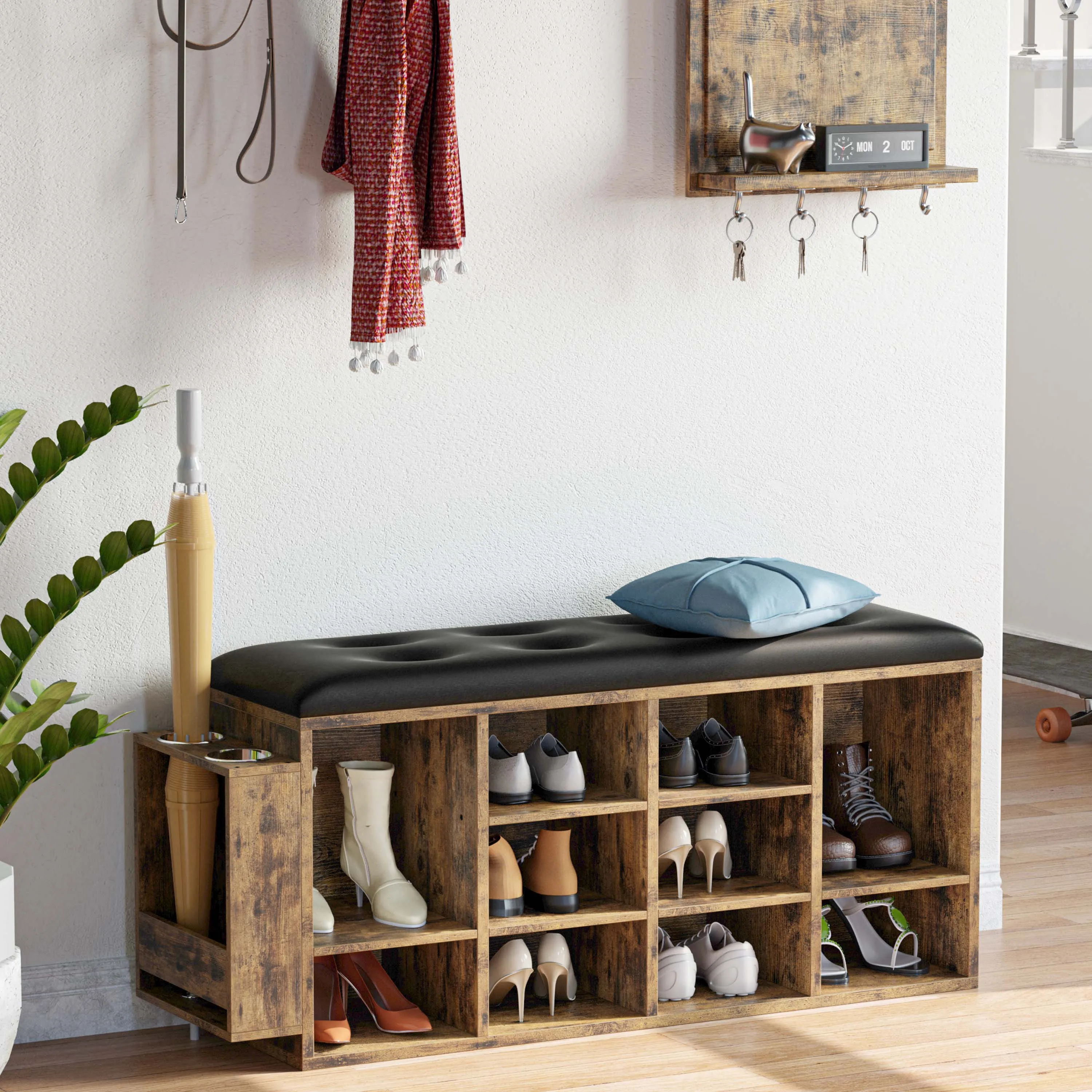 IRONCK Shoe Bench, 10 Cubbies Storage Entryway Bench with PU Leather, Cubby Shoe Rack Adjustable Shelves for Living Room Bedroom