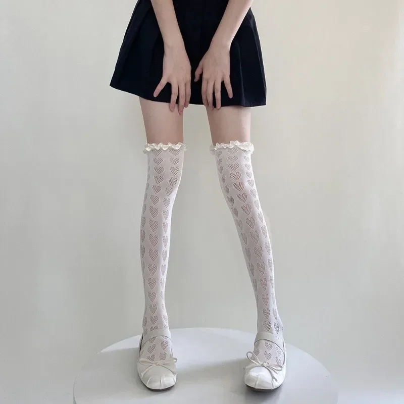 Kave Lolita Netzstrümpfe für Damen, Kawaii japanischer Stil, gerüschte, herzgestreifte, mit Spitze gemusterte Overknee-Strümpfe – Detail 16