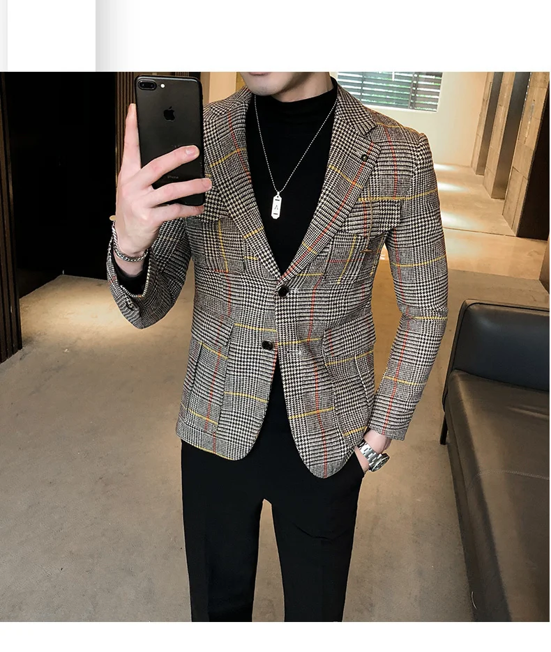 men blazer Plaid Vintage Blazer British Stylish Male Blazer Suit Jacket Business Casual Blazer Jacket Terno Masculino Mens Blazer Pattern casual blazer for men