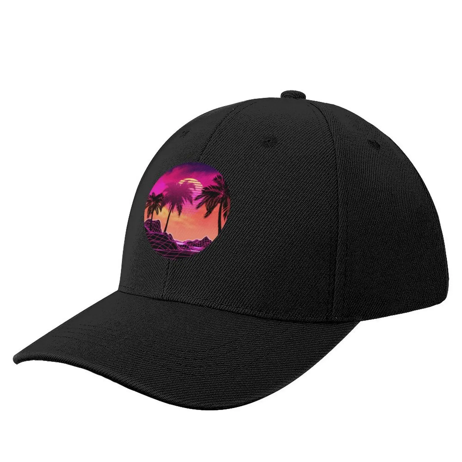 

Pink vaporwave landscape with rocks and palms Baseball Cap Golf Hat Man hiking hat Women Caps Men's