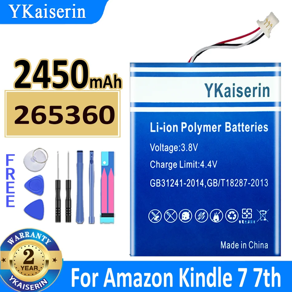 

Аккумулятор ykaisin 2450 мАч 265360 для Amazon Kindle 7 7-го поколения 6 дюймов E-Reader WP63GW 265360 58-000083 58-000, батарея + Бесплатные инструменты