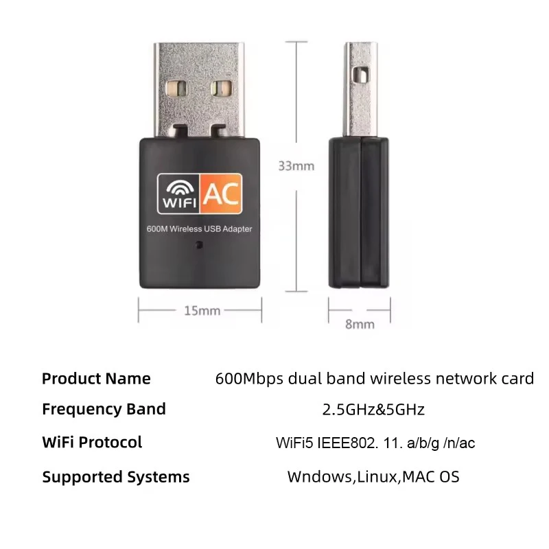 600mbps WiFi USB 어댑터 듀얼 밴드 2.4G+5Ghz Wi-Fi 동글 미니 무선 네트워크 Wlan 수신기 무선 PC/노트북 네트워크 카드