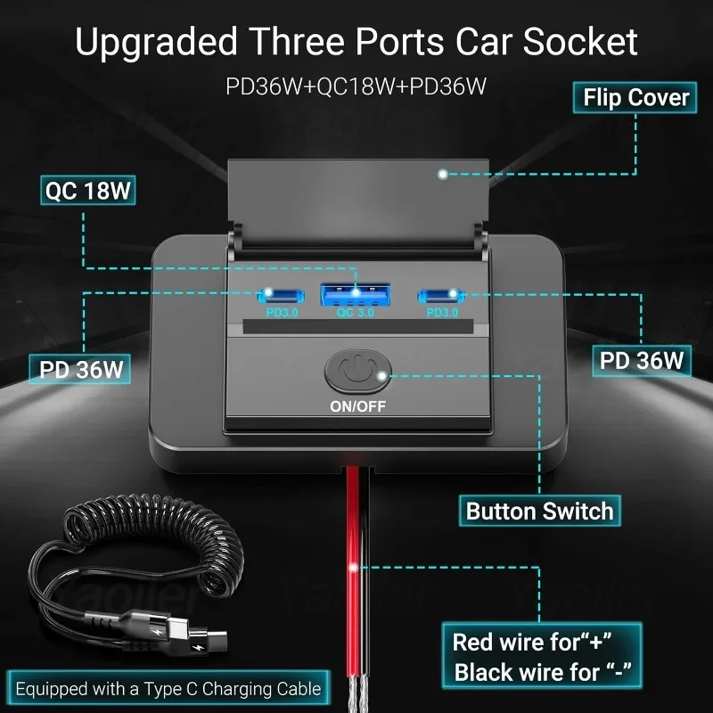 Prese USB Da Auto 12V 90W - 4 Porte (2 PD 36W + 2 QC 18W), Impermeabile, Con Cavo - Foto 3