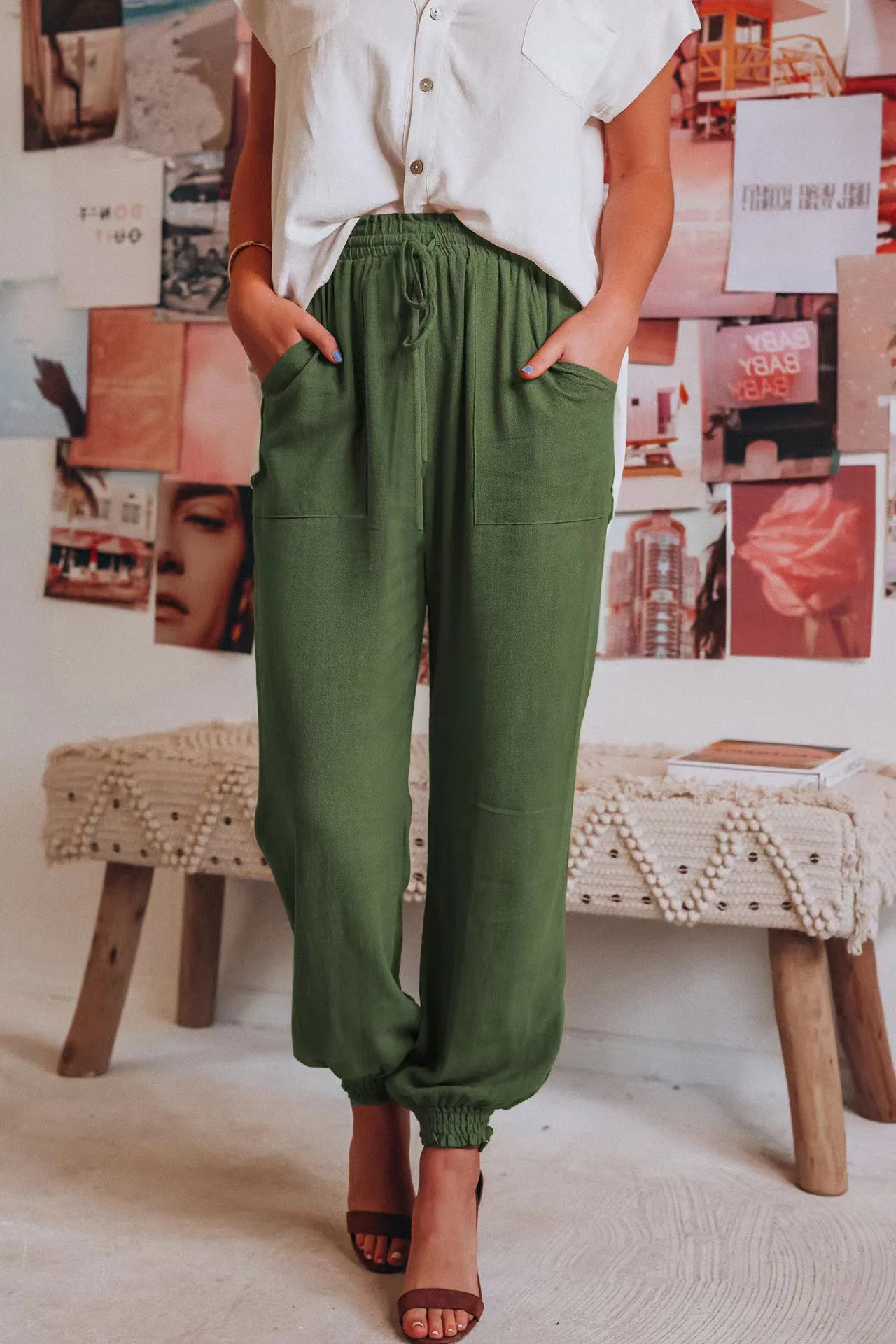 New Women's Fashion Retro Pants Casual Loose Solid Cotton Linen Harem Pants Summer Elastic Waist Pants