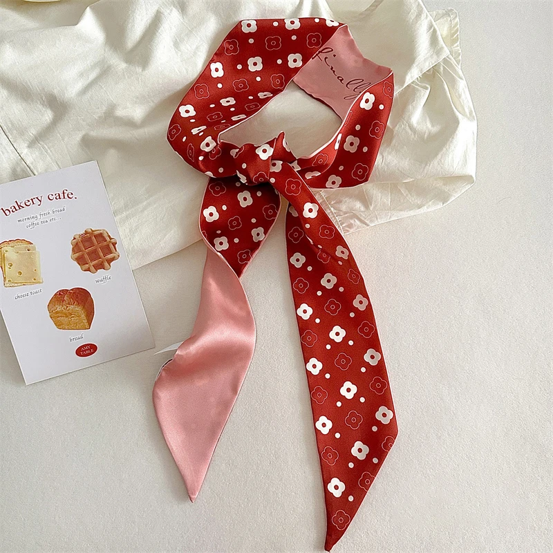Luna&Dolphin Women Spring Skinny Long Scarf Red White Felower Love Print Chiffon Silk Tie Bag Ribbon Headband Choker 5