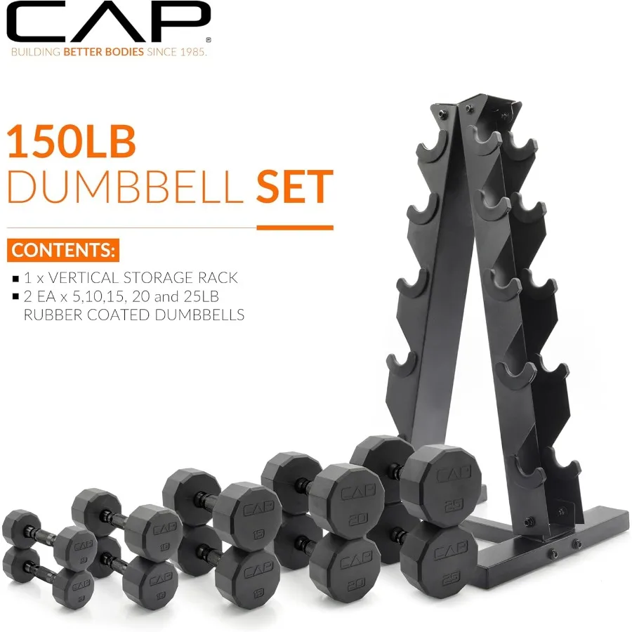 150 LB Coated Hex Dumbbell Weight Set with Vertical Rack
