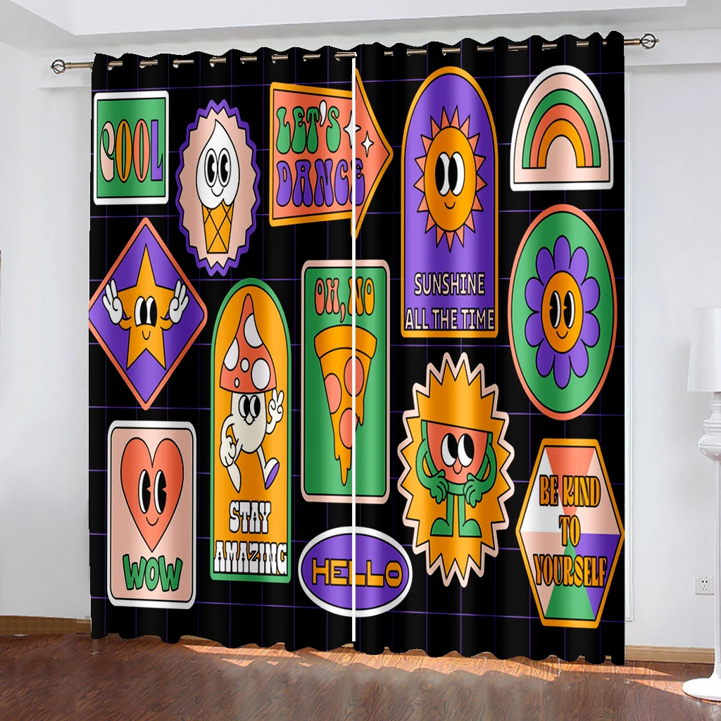 

Thick 2Pieces 90%Shading Retro Sticker Funny Comic Cartoon Blackout Window Curtain For Bedroom Living Room Bathroom Kicthen Door