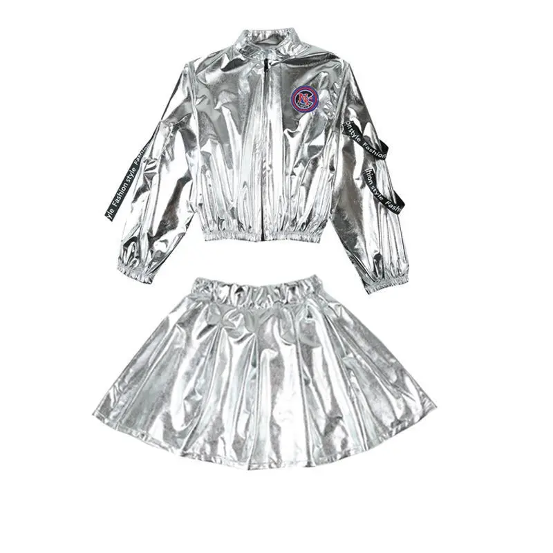 Silver Suit Girls Boys Ballroom Jazz Dance Costumes Hip Hop Shirt Skirt Pants Stage Outfits Kids Dancing Clothes for Child Dance