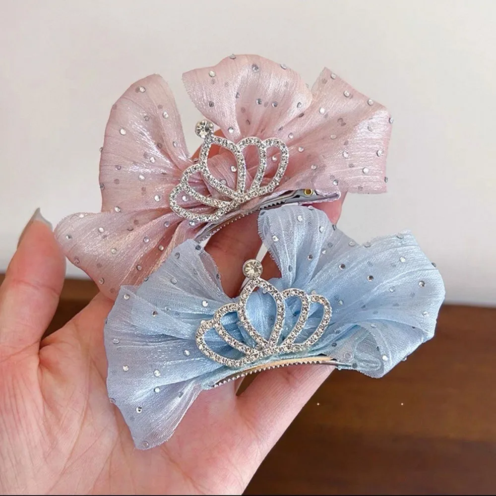 달콤한 소녀 헤어 클립 Organza 활 머리핀 어린이 헤어핀 지르콘 크라운 머리 장식 어린이 공주  헤어 액세서리