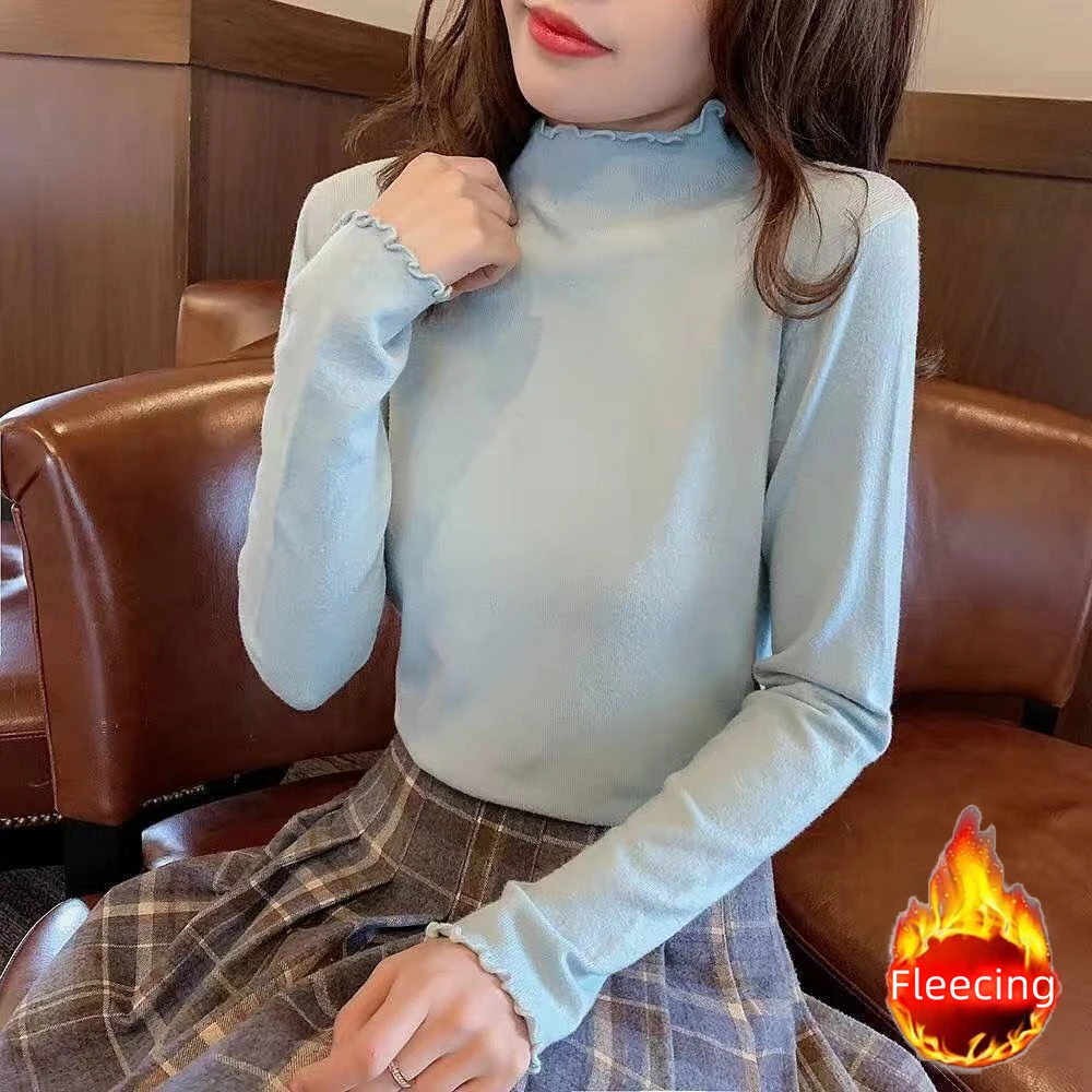 Autumn Winter Warm Fleecing Slimming Sweet Basic TuntleNeck Edible Underwear Long sleeve Top Women's T-shirt & Blouses Trend2024