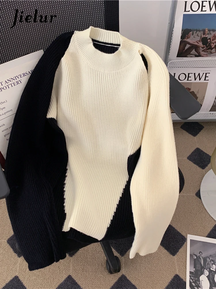 

Jielur простые корейские шикарные женские свитера популярных цветов с длинным рукавом Свободная трикотажная одежда белые черные осенние новые повседневные пуловеры с вырезами
