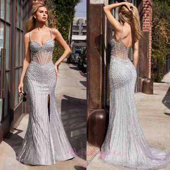 Formal Dresses Customized Bling Mermaid Evening Dress Sequins Spaghetti Strap Prom Gowns Illusion Sleeveless Sweep Train
