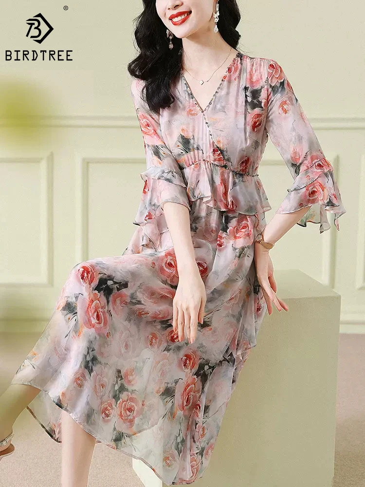 

Женское платье с цветочным принтом Birdtree, 100% шелк тутового шелкопряда, 6А, с v-образным вырезом и рукавами с рюшами, роскошная универсальная юбка D30768QD