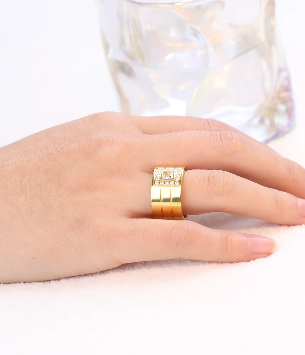 12mm Wide Ring Jewelry Silver Color Stainless Steel White Stone