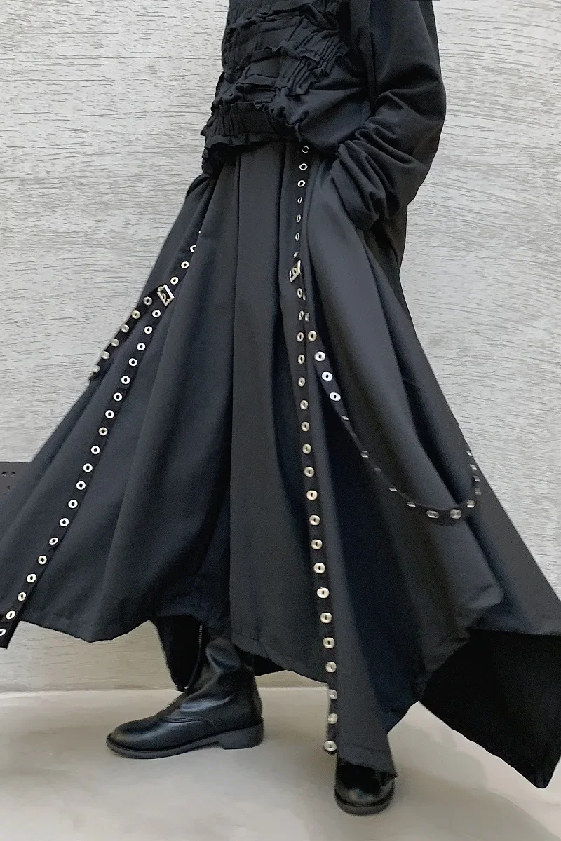 Wide Leg Pants Men Ribbon Dark Black Wide Leg Pants