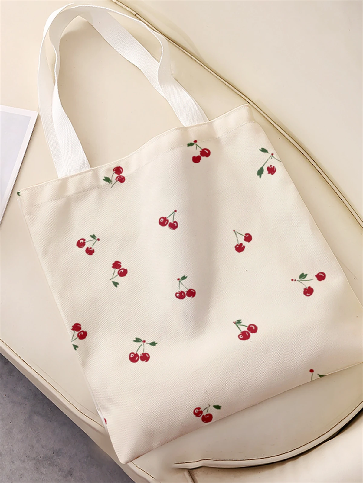 Cherry pattern printed casual handbag, reusable fashionable backpack, multifunctional handbag, canvas shopping bag
