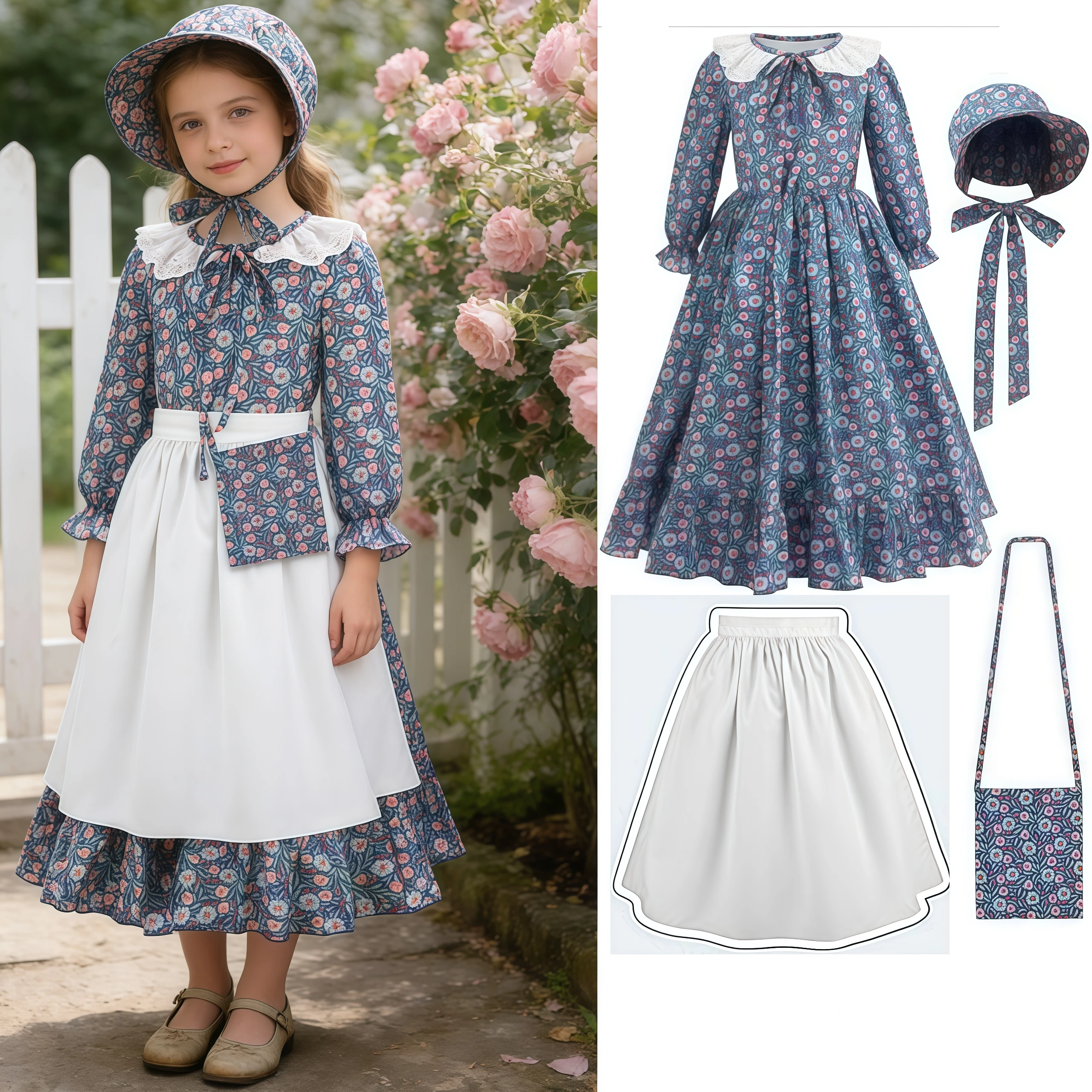 Costume da Pilgrim Girl, Abito Storico Coloniale per Ragazze con Grembiule, Cosplay per Carnevale, Halloween, Feste in Maschera, Vestiti