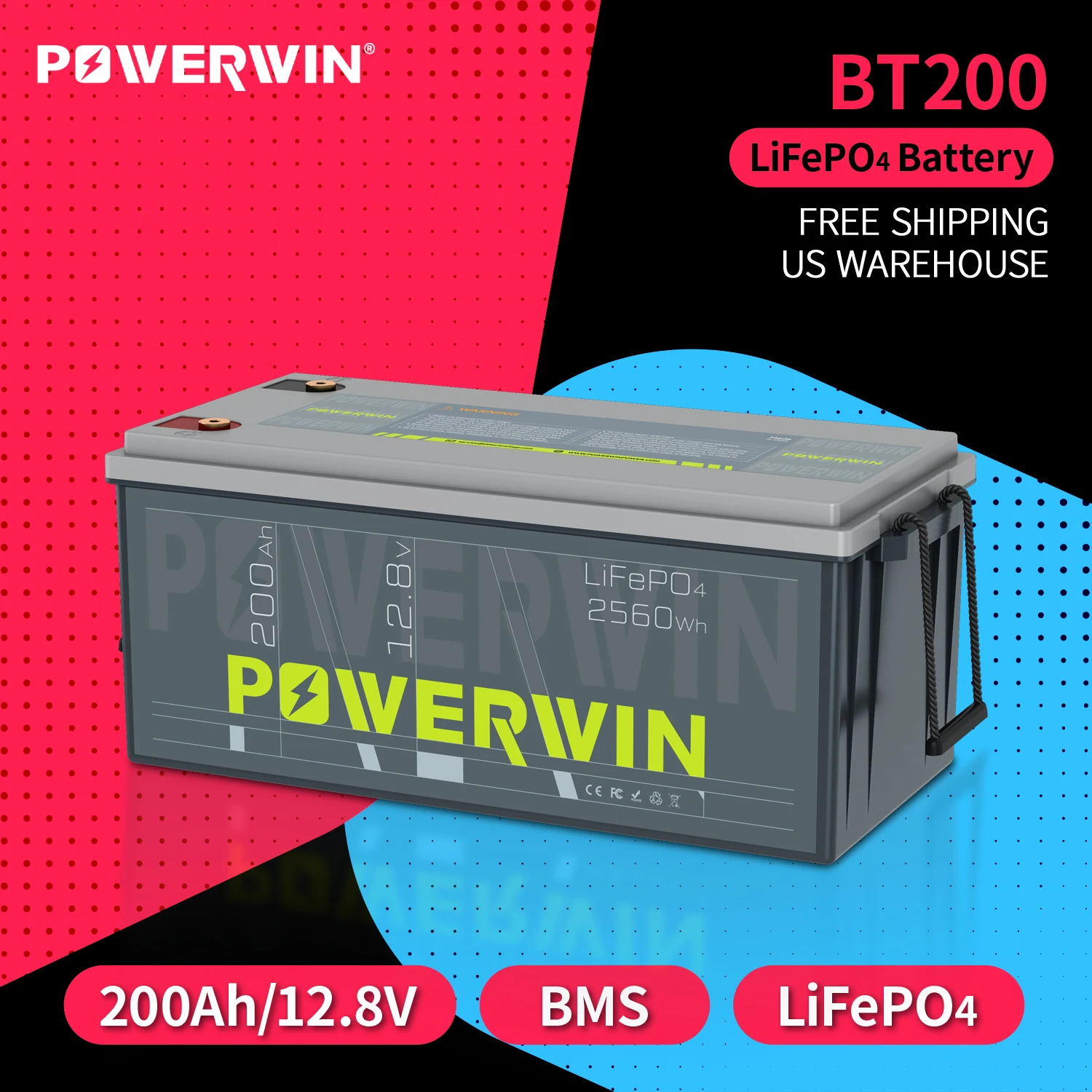 

POWERWIN 12.8V 200Ah GradeA LiFePO4 Battery BT200 2560Wh/1280W Built-in 200A BMS 4000+ Deep Cycle Solar Rechargeable Fish Boat