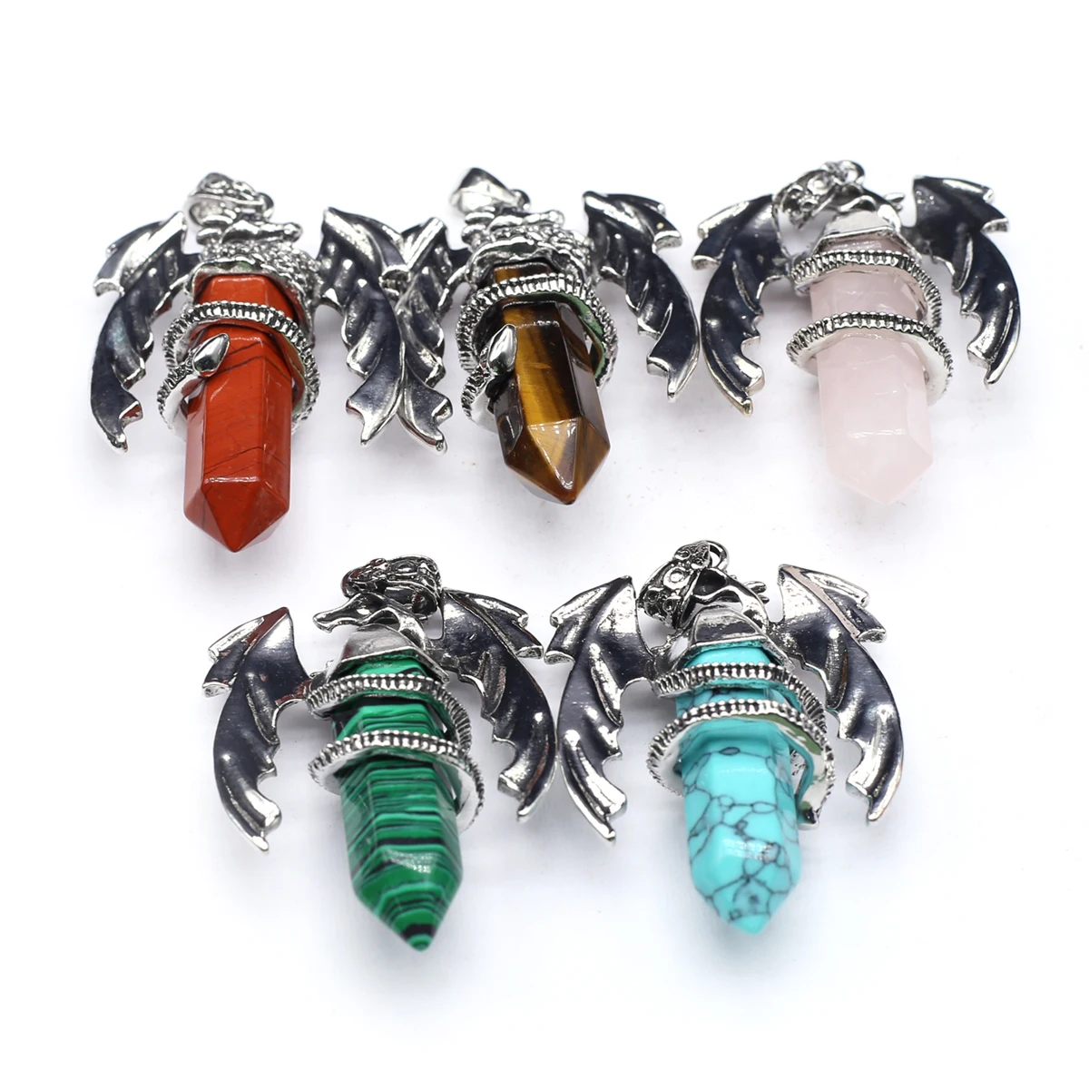 6PCS Natural Semiprecious Stone Flying Dragon Hexagonal Pillar Spiritual Healing Crystal Pendant Jewelry Accessories Punk Style