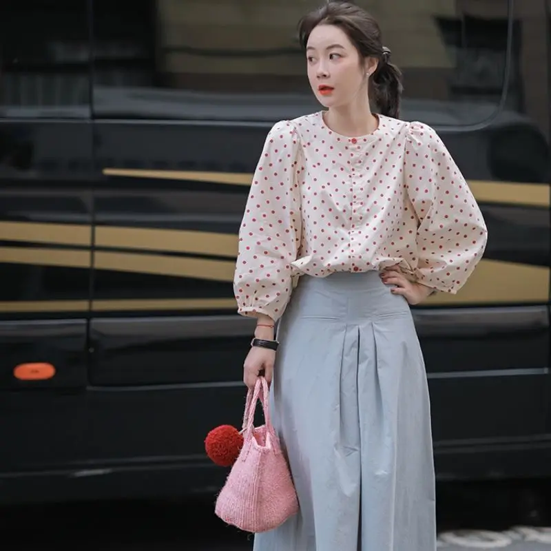 

Женская свободная рубашка в горошек, Повседневная Блузка с длинным рукавом и круглым вырезом, модель J176 на весну и осень, 2024