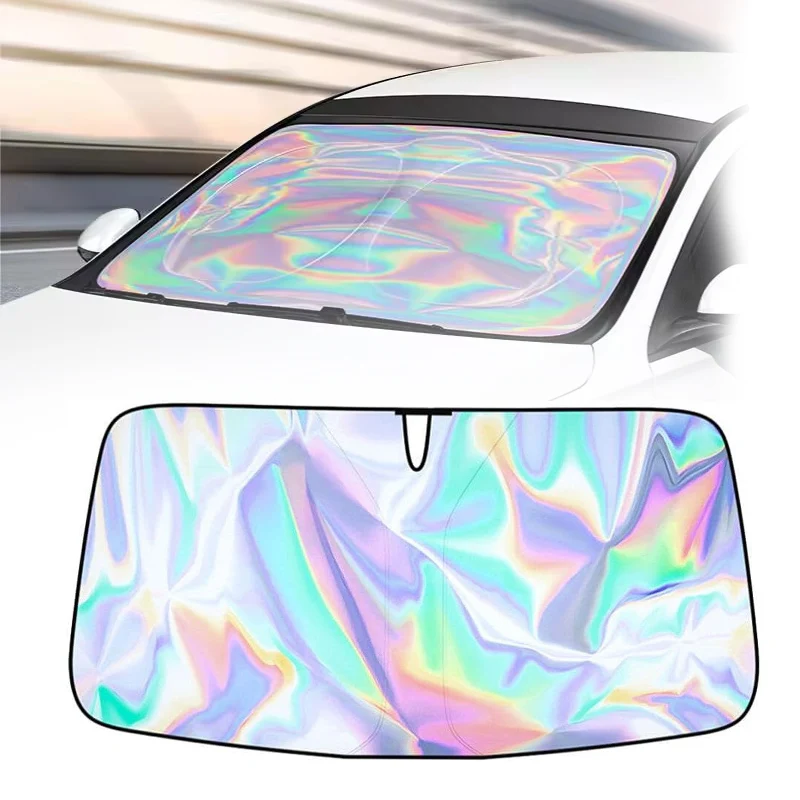 Car Windshield Sun Shade Holographic Car Front Window Sunshade Iridescent Umbrella Heat Blocker Visor Protector Block for SUV